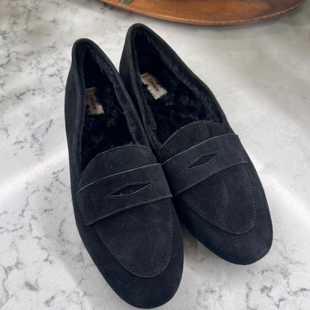 Birdies The Vesper Black Suede Faux Fur Lined Penny Loafers Flats Womens 7